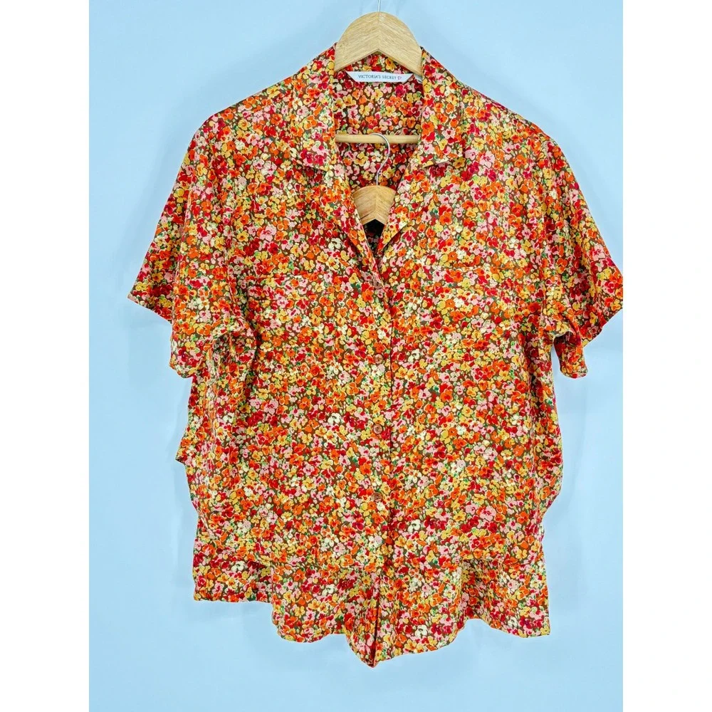 Vintage Victoria's Secret Floral Pajama Set Short Sleeve Shorts Large Gold Tag